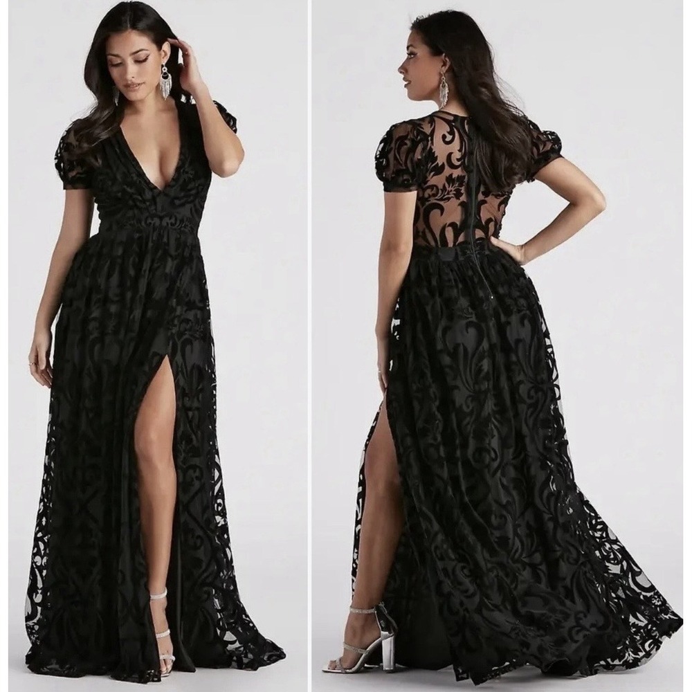 Flocked Velvet Maxi Dress S Black Sheer Dark Romantic Whimsigoth Fairy Formal